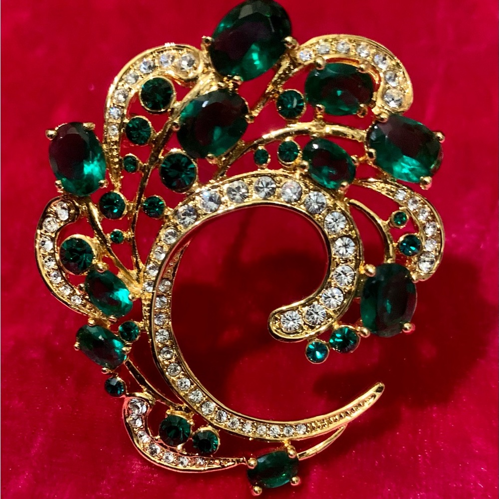 💎 Vtg. Camrose & Kross Jbk Emerald & Clear Glass Rhinestone Feather💎#BROC